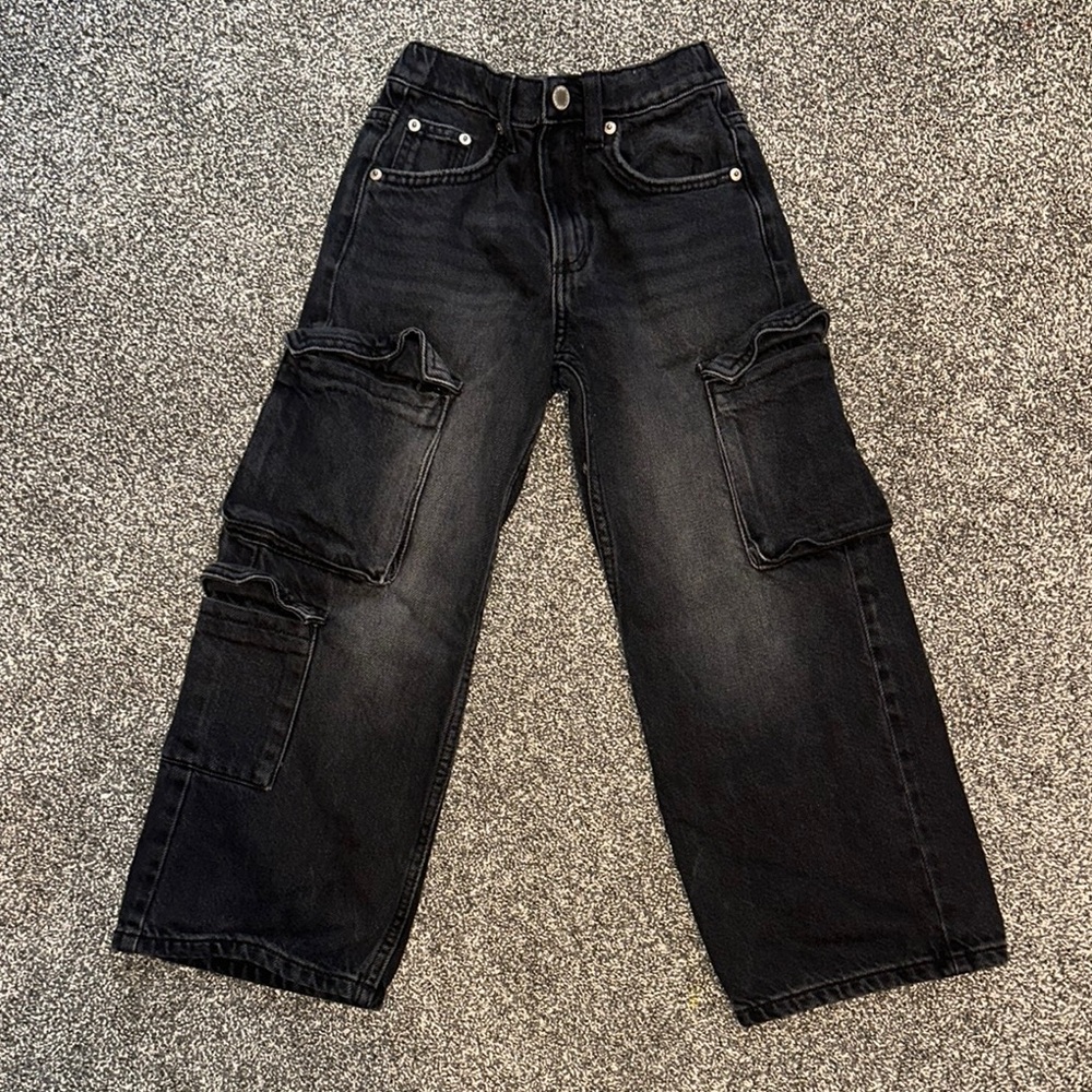 Girls Zara black stone wash denim cargo jeans